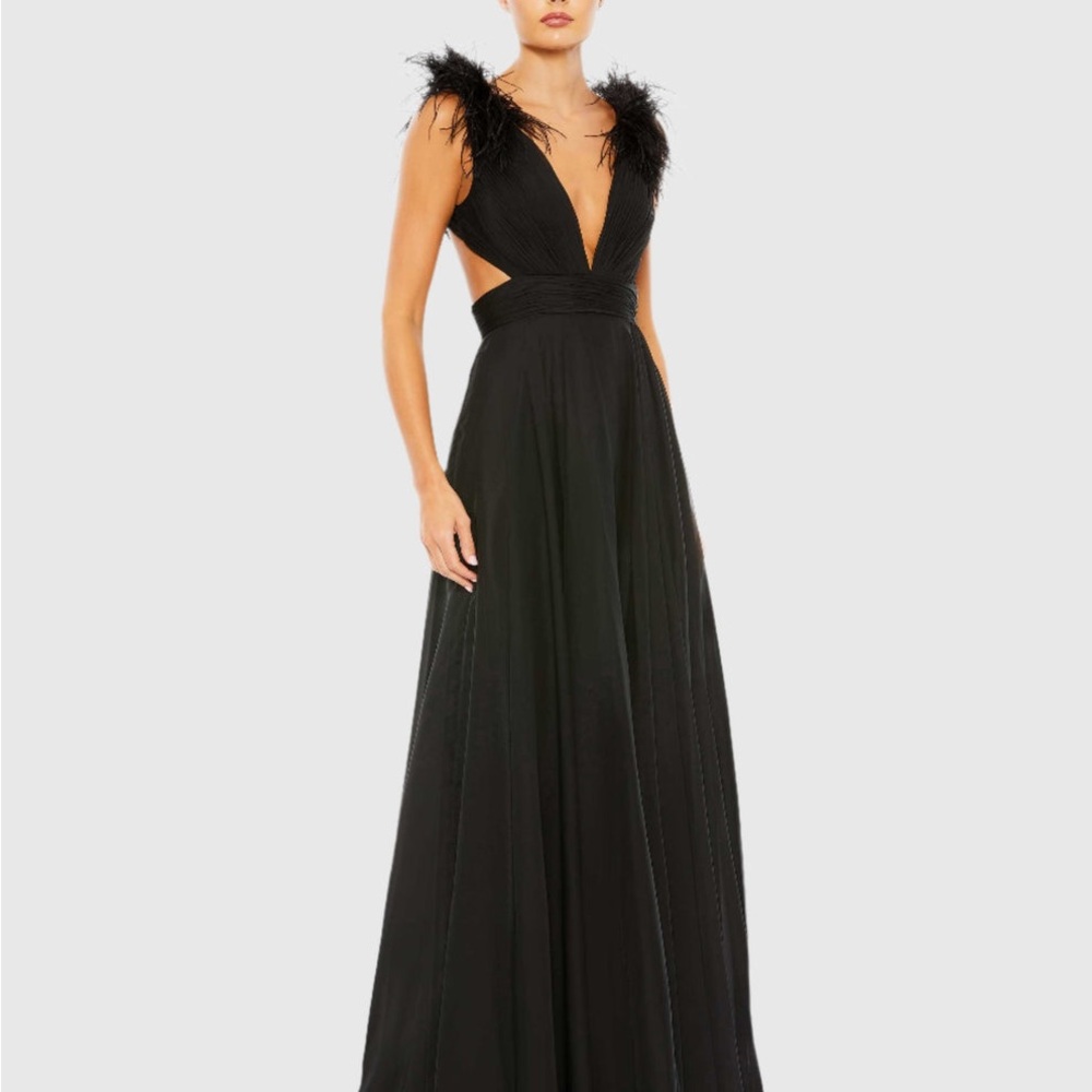 Mac Duggal Black Plunge Ostrich Feather A line gown